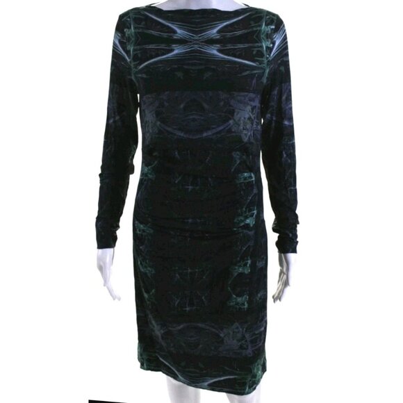 Artelier Nicole Miller Abstract Sheath Dress Green Gray Size Large LS Stretch - Picture 1 of 6